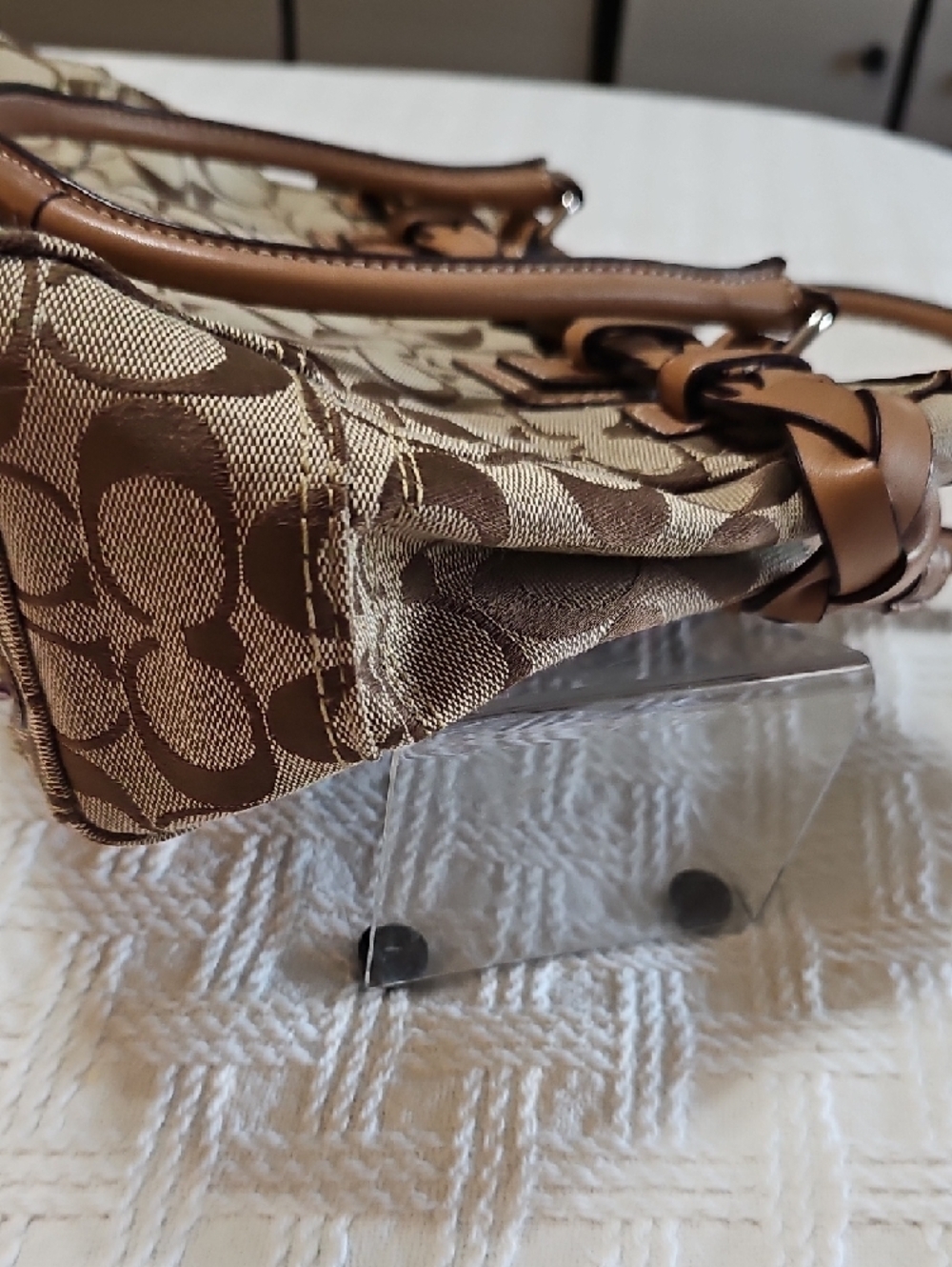 Coach Tan Signature Canvas Satchel with Leather Trim and Tassel - Picture 10 of 14